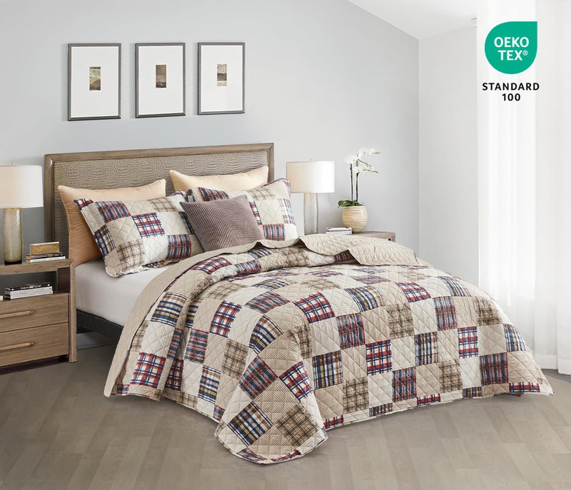 CHIXIN Plaid Quilt Queen Size - Classic Tartan Plaid Pattern - Lightweight Bedspread Coverlet Set, Country Patchwork Bedding Cover for All Season, 3 Piece, Beige - Image 3